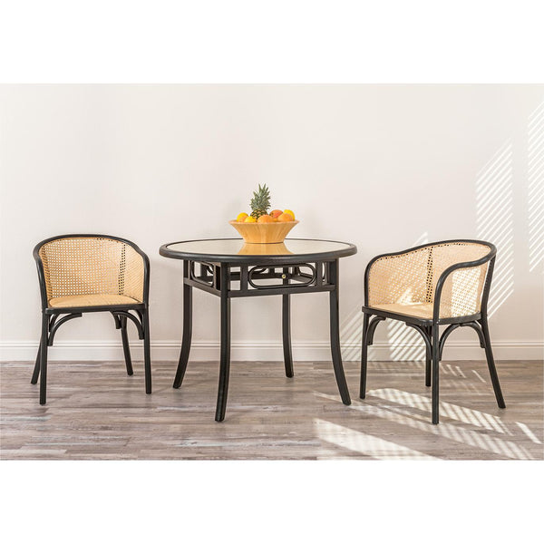 Adna Dining Table in Black with Clear Tempered Glass Top over Cane in Natural