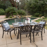 Noble House Alfresco Outdoor 7 Piece Bronze Cast Aluminum Rectangular Dining Set