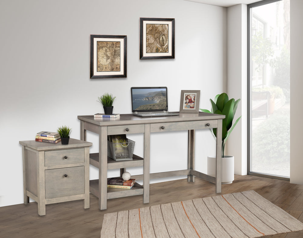 Ashville Desk in Smokey Grey - Spacious Workspace with Two Drawers & Open Shelves for Home Office