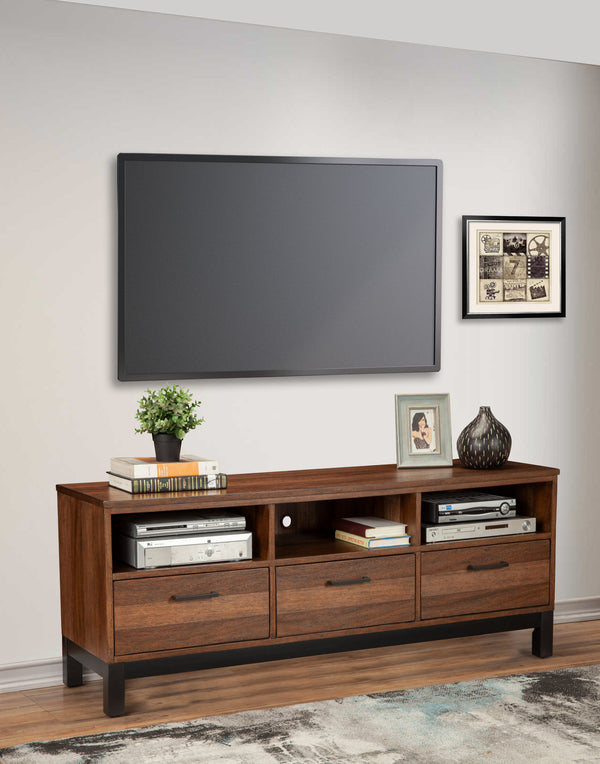 Weston Rustic Pine TV Console with Mahogany, English Dovetail Drawers & Metal Glides – Stylish Storage!