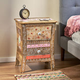 Noble House Fullen Handcrafted Boho 2 Drawer Mango Wood Nightstand, Natural and Multi-Color