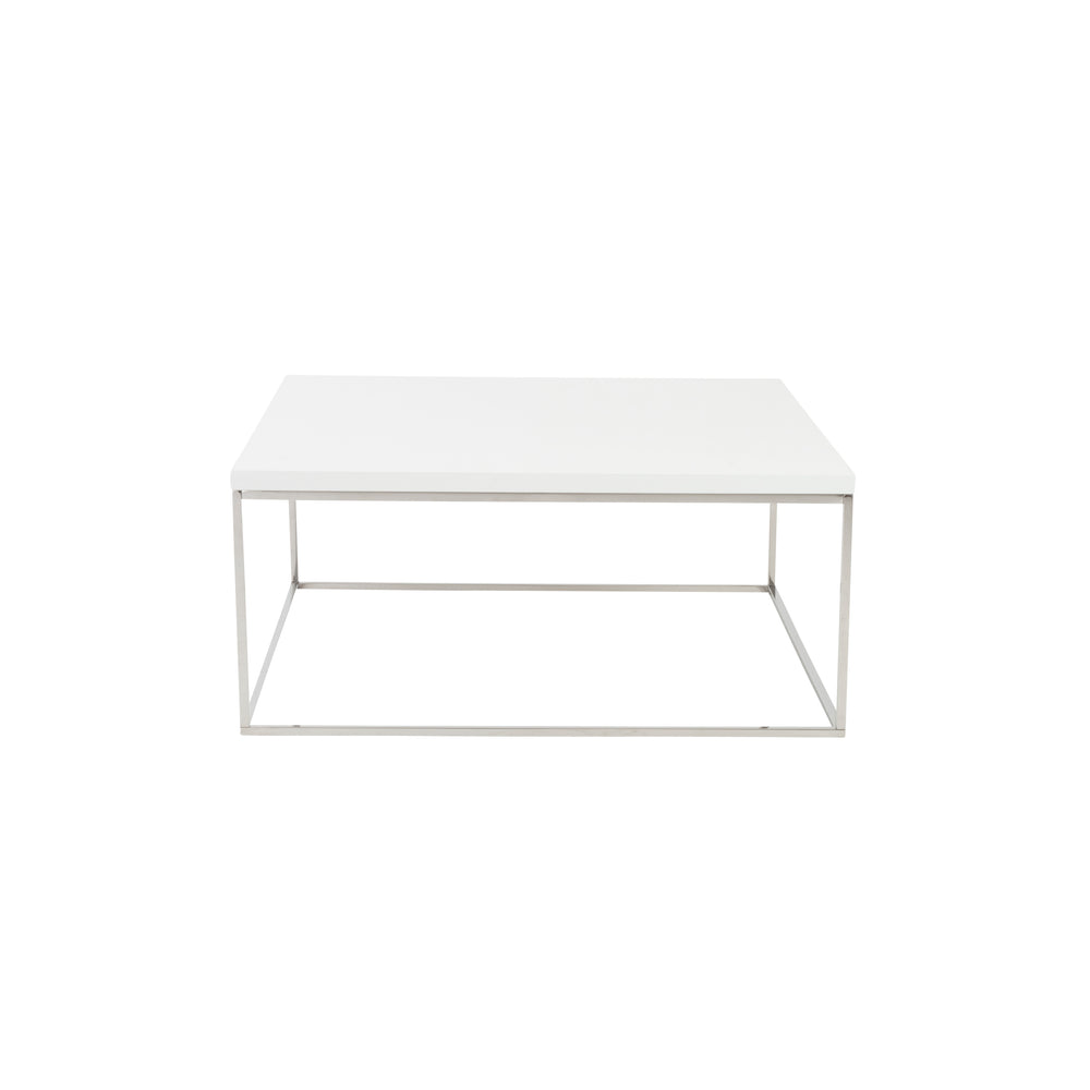 Teresa Square Coffee Table in White with Polished Stainless Steel Base