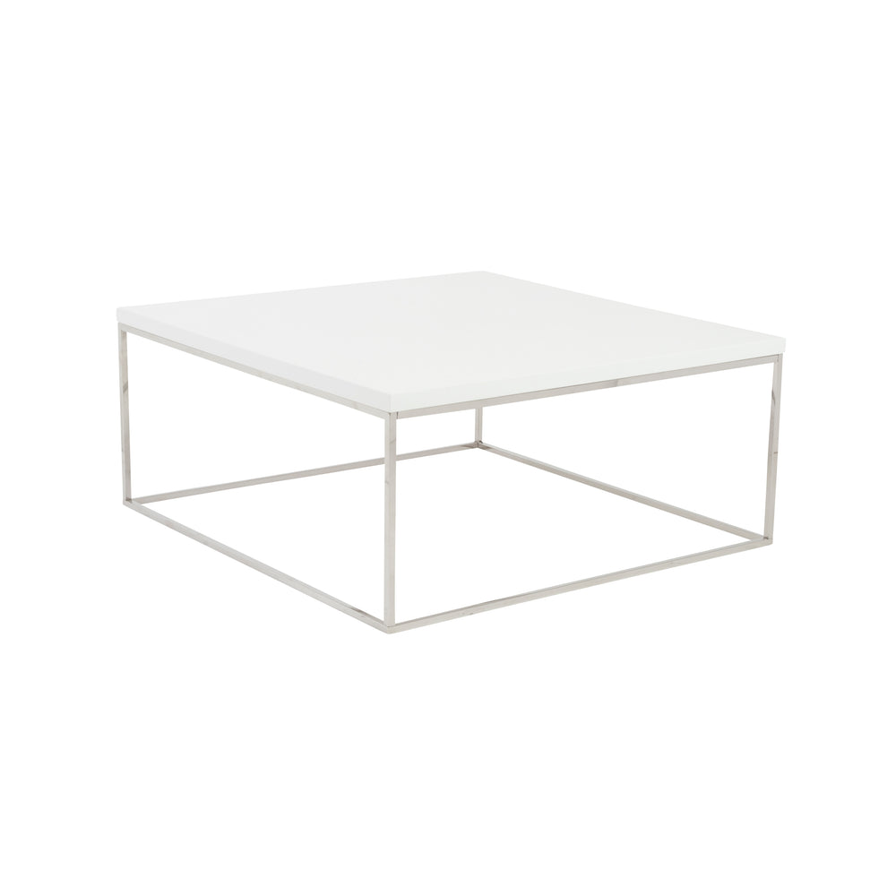 Teresa Square Coffee Table in White with Polished Stainless Steel Base