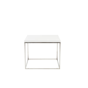 Teresa Square Side Table in White with Polished Stainless Steel Base