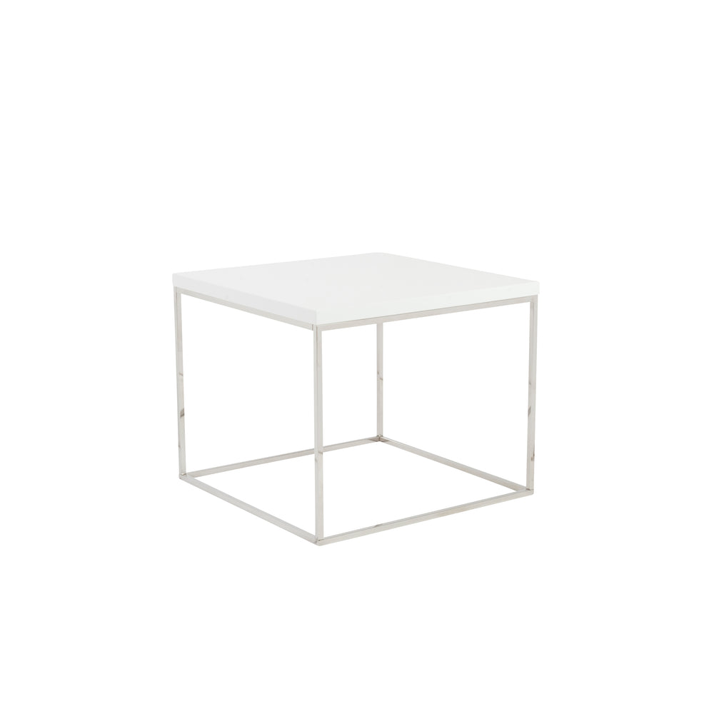 Teresa Square Side Table in White with Polished Stainless Steel Base