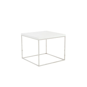 Teresa Square Side Table in White with Polished Stainless Steel Base