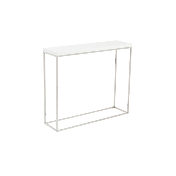 Teresa Console Table in White Lacquer with Polished Stainless Steel Frame