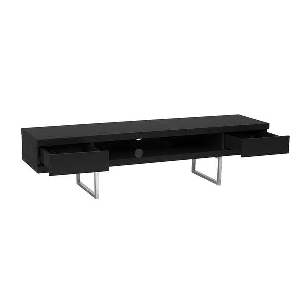 Miranda TV Stand in High Gloss Black with Brushed Stainless Steel Base