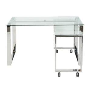 Diego Desk in Clear Glass with Polished Stainless Steel legs