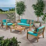 Santa Ana Outdoor 4 Seater Acacia  Wood Chat Set with Cushions, Wire Brushed Light Brown and Teal Noble House