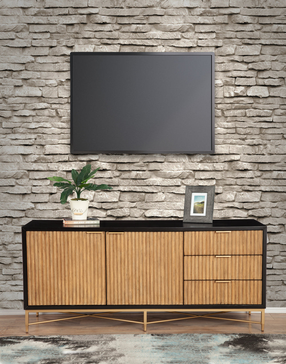 Larsen TV Console in Black & Natural - Stylish Mahogany with Gold Accents, Fully Assembled Beauty