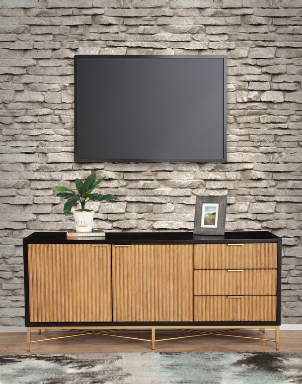 Larsen TV Console in Black & Natural - Stylish Mahogany with Gold Accents, Fully Assembled Beauty