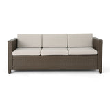 Puerta Outdoor Wicker 3 Seater Sofa, Brown with Ceramic Grey Cushions Noble House