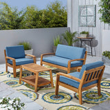 Grenada Patio Conversation Set with Coffee Table, 4-Seater, Acacia Wood, Teak Finish with Blue Outdoor Cushions Noble House
