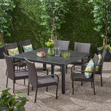 Bullpond Outdoor Aluminum and Wicker 8 Seater Dining Set with Stacking Chairs, Matte Black and Multibrown Noble House