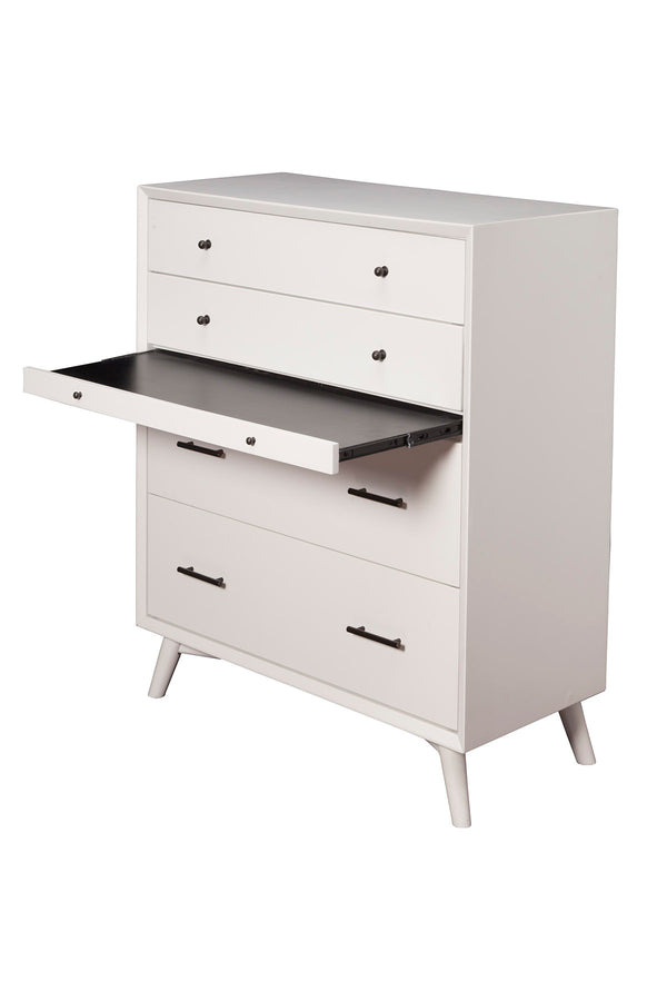 Alpine Furniture Flynn Mid Century Modern 4 Drawer Multifunction Chest w/Pull Out Tray, White 966-W-05 White Mahogany Solids & Okoume Veneer 38 x 18 x 43