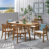 Noble House Alondra Outdoor Expandable 6 Seater Acacia Wood Dining Set, Teak Finish and Cream 