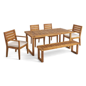 Noble House Nestor Outdoor 6-Seater Acacia Wood Dining Set with Bench, Sandblast Natural and Cream