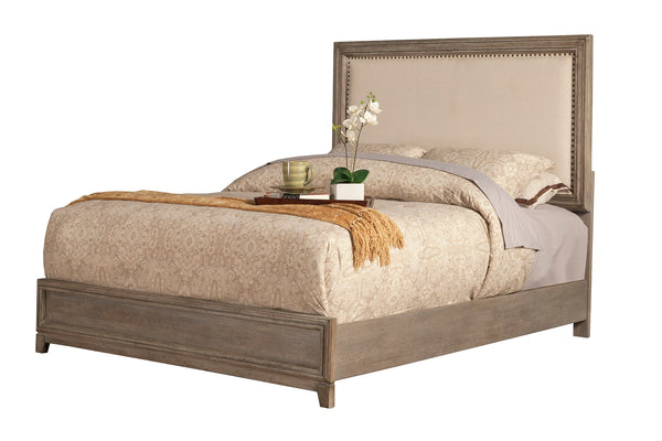 Alpine Furniture Camilla Standard King Panel Bed w/Upholstered Headboard & Nailheads, Antique Grey 1800-07EK Antique Grey Plantation Mahogany Solids & Okoume Veneer 79.5 x 86 x 60