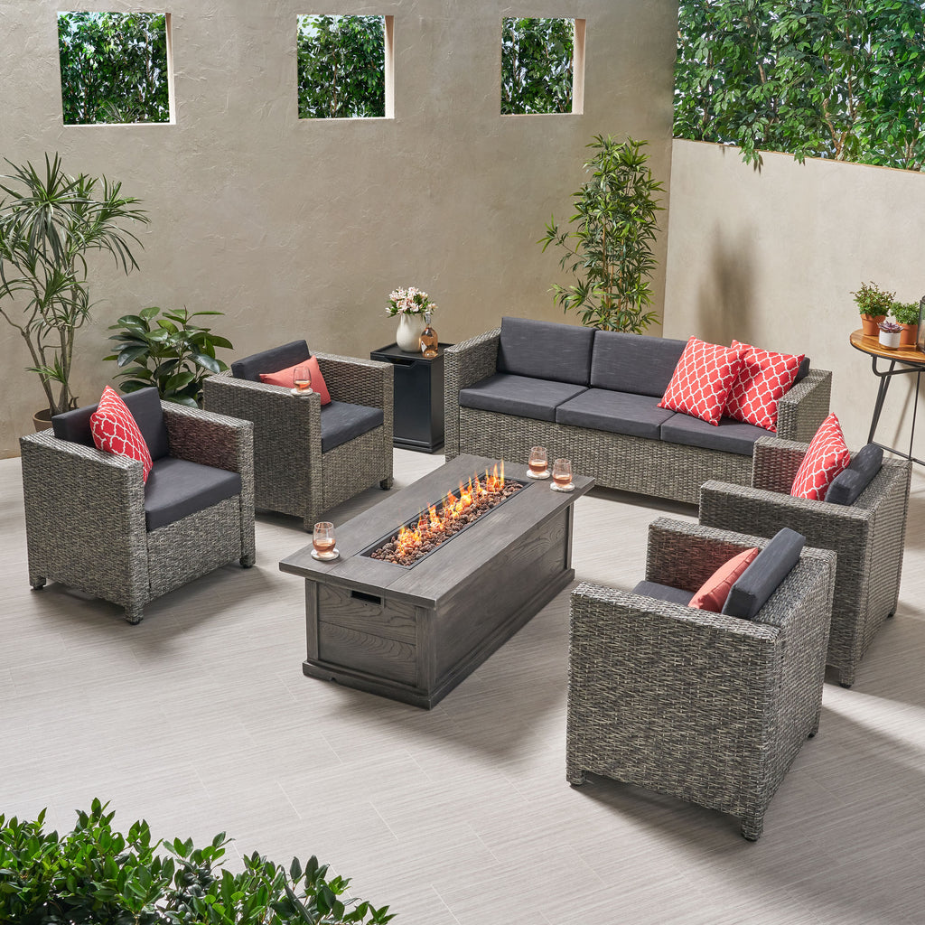 Gastman Outdoor 7 Seater Wicker Chat Set with Fire Pit, Mix Black and Dark Gray Noble House