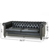 Castalia Chesterfield Tufted 3 Seater Sofa with Nailhead Trim, Midnight Black and Dark Brown Noble House