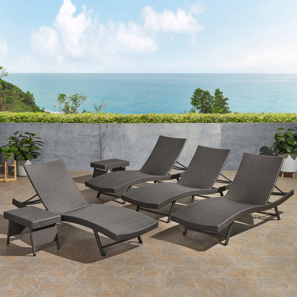 Noble House Kauai Outdoor 6 Piece Wicker Chaise Lounge Set, Grey