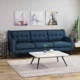 Reynard Tufted Fabric 3 Seater Sofa, Navy Blue and Espresso Noble House