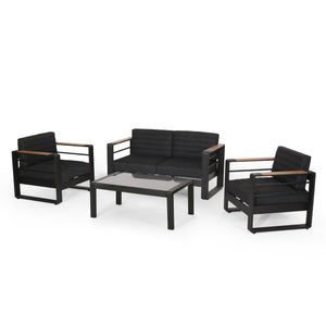 Giovanna Outdoor Aluminum 4 Seater Chat Set, Black, Natural, and Gray Noble House