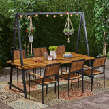 Noble House Andrea Outdoor 6 Seater Acacia Wood and Iron Planter Dining Set, Teak Finish and Black