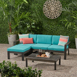 Santa Ana Outdoor 3 Seater Acacia Wood Sofa Sectional with Cushions, Dark Gray and Teal Noble House