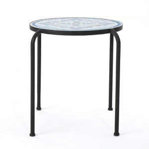 Skye Outdoor Blue and White Ceramic Tile Side Table with Iron Frame Noble House