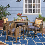 Casa Acacia Patio Dining Set, 4-Seater, 36" Square Table with Straight Legs, Gray Finish, Dark Gray Outdoor Cushions Noble House