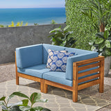 Oana Outdoor Modular Acacia Wood Loveseat with Cushions, Teak and Blue Noble House