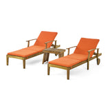 Perla Outdoor Acacia Wood 3 Piece Chaise Lounge Set with Water-Resistant Cushions, Teak and Orange Noble House