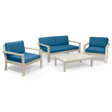 Santa Ana Outdoor 4 Seater Acacia  Wood Chat Set with Cushions, Wire Brushed Light Gray and Dark Teal Noble House