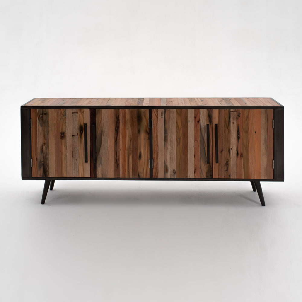 Nordic Reclaimed Boat Wood & Iron TV Dresser with 4 Doors, Unique Scandinavian Design & Storage