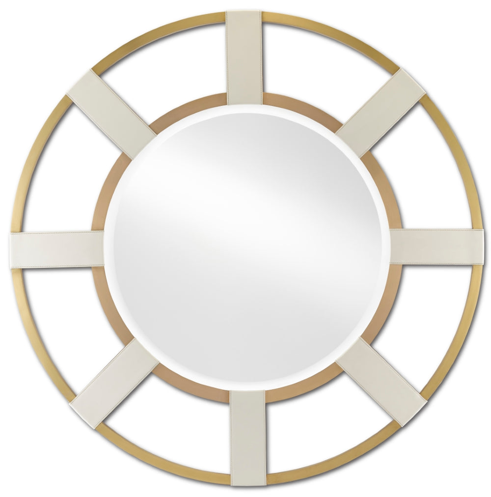 Camille Round Mirror - Elegant Cream Leather & Brass Frame, 36-Inch Decorative Wall Accent Mirror