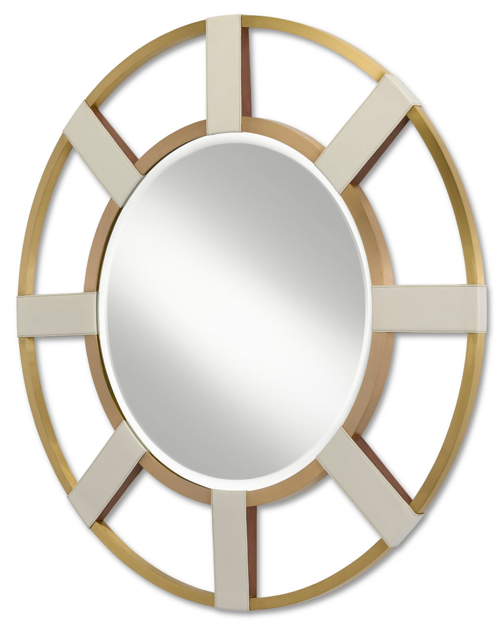 Camille Round Mirror - Elegant Cream Leather & Brass Frame, 36-Inch Decorative Wall Accent Mirror