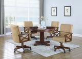 Marietta Casual Upholstered Game Chair - Stylish Tan Fabric, Tobacco Base, and 5 Casters for Comfort