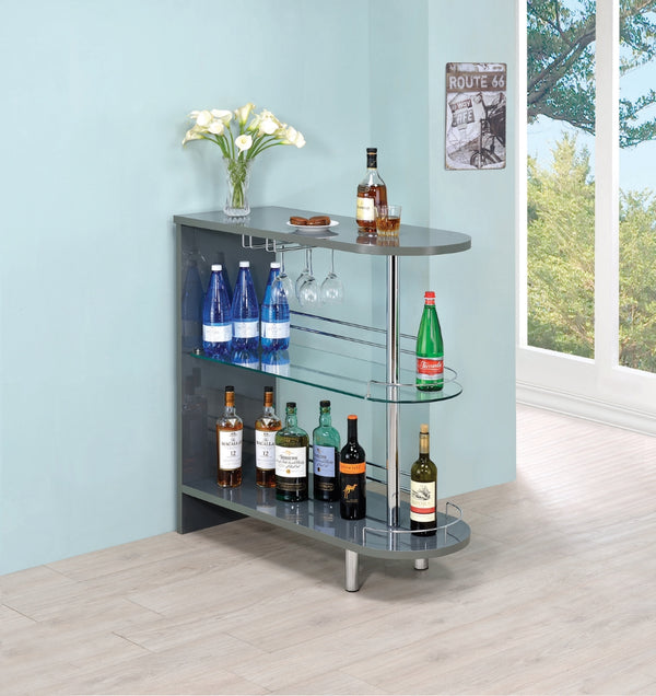 Contemporary Glossy Grey 3-Tier Bar Table with Clear Tempered Glass & Chrome Accents for Modern Spaces