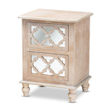 Celia Transitional Rustic French Country White-Washed Wood and Mirror 2-Drawer Quatrefoil Nightstand