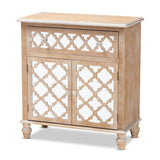 Leah Glam Farmhouse Rustic Oak Brown Finished Wood and Mirrored 1-Drawer Quatrefoil Storage Cabinet