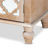 Baxton Studio Leah Glam Farmhouse Rustic Oak Brown Finished Wood and Mirrored 1-Drawer Quatrefoil Storage Cabinet