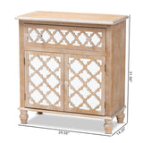 Baxton Studio Leah Glam Farmhouse Rustic Oak Brown Finished Wood and Mirrored 1-Drawer Quatrefoil Storage Cabinet