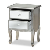 Baxton Studio Leonie Modern Transitional French Brushed Silver Finished Wood and Mirrored Glass 2-Drawer Nightstand