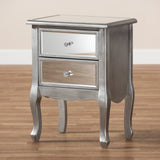 Baxton Studio Leonie Modern Transitional French Brushed Silver Finished Wood and Mirrored Glass 2-Drawer Nightstand