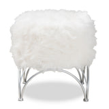 Baxton Studio Celia Modern and Contemporary White Faux Fur Upholstered Silver Metal Ottoman