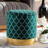 Baxton Studio Serra Glam and Luxe Teal Green Quatrefoil Velvet Fabric Upholstered Gold Finished Metal Storage Ottoman