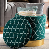 Baxton Studio Serra Glam and Luxe Teal Green Quatrefoil Velvet Fabric Upholstered Gold Finished Metal Storage Ottoman