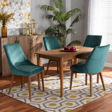 Baxton Studio Gilmore Modern and Contemporary Teal Velvet Fabric Upholstered and Walnut Brown Finished Wood 5-Piece Dining Set